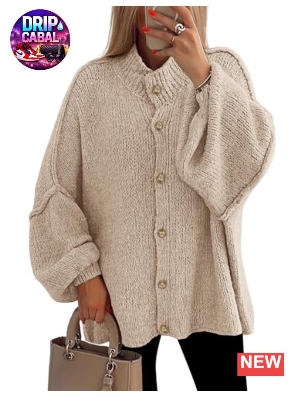 Women's Oversized Chunky Knit Cardigan Sweater with Drop Shoulder and Mock Neck